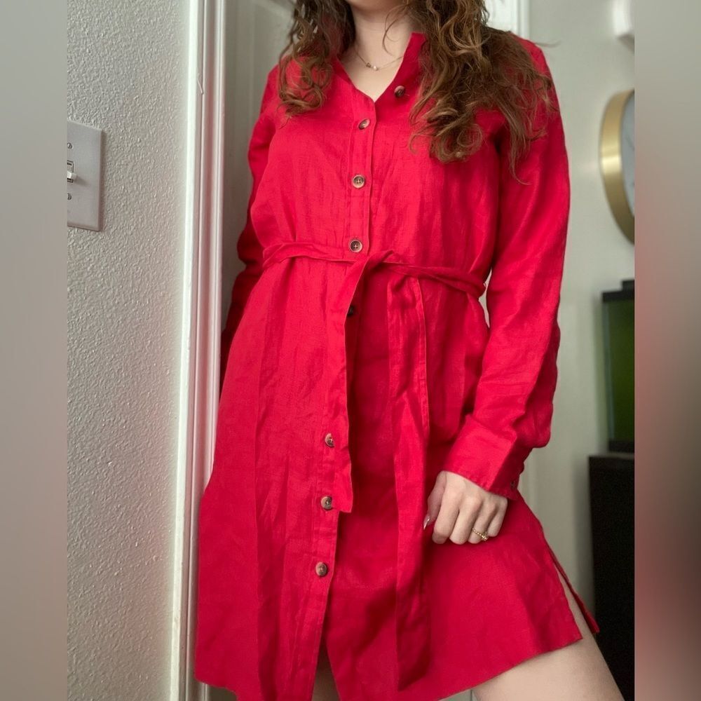 Pendleton Linen Belted Button‎ Down Dress Sz Medium Red